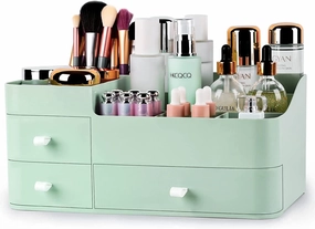 BREIS Makeup Organizer for Vanity,Large Countertop Organizer with Drawers,Dresser Bathroom Cosmetics Organization and Storage for Perfume Skin Care Nail Polish Brushes Eyeshadow Lipstick(Green)