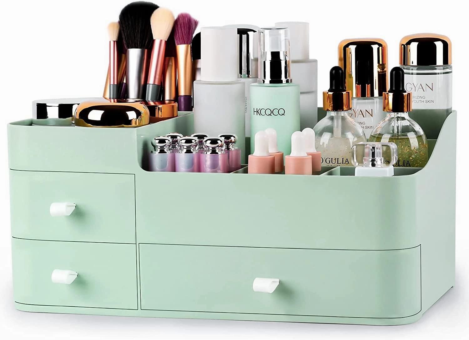 BREIS Makeup Organizer for Vanity,Large Countertop Organizer with Drawers,Dresser Bathroom Cosmetics Organization and Storage for Perfume Skin Care Nail Polish Brushes Eyeshadow Lipstick(Green)