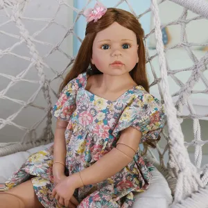 Buby 39inch Reborn Toddler Dolls,Huge Baby Full Body Hard Vinyl Smile Girl Realistic Standing Girls Brown Hair Girl Model Collectible Ball Jointed Doll (Flower Dress)