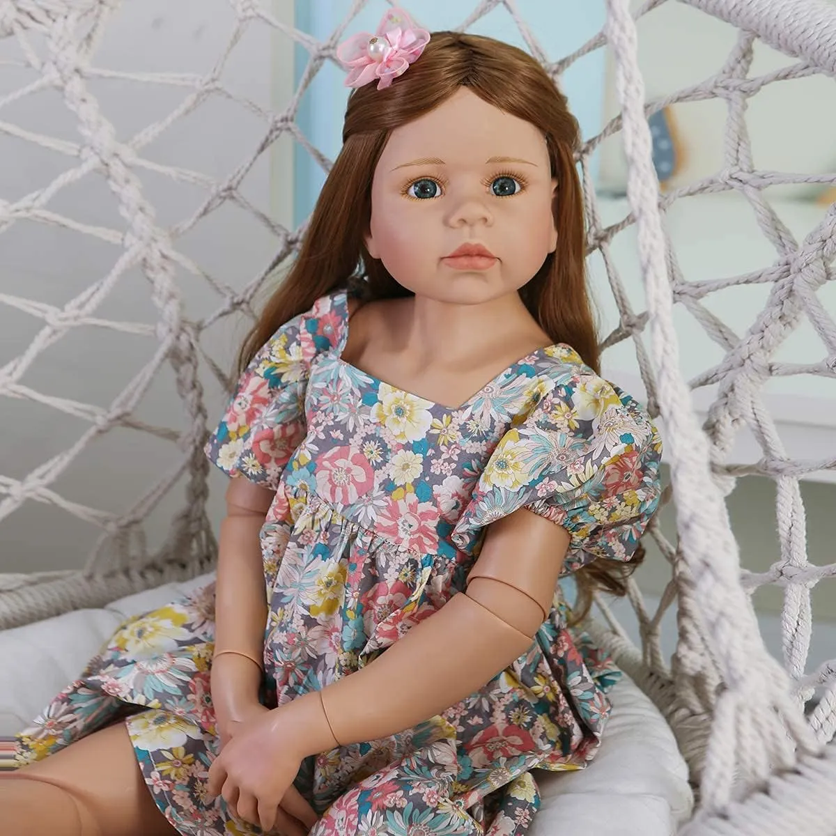 Buby 39inch Reborn Toddler Dolls,Huge Baby Full Body Hard Vinyl Smile Girl Realistic Standing Girls Brown Hair Girl Model Collectible Ball Jointed Doll (Flower Dress)