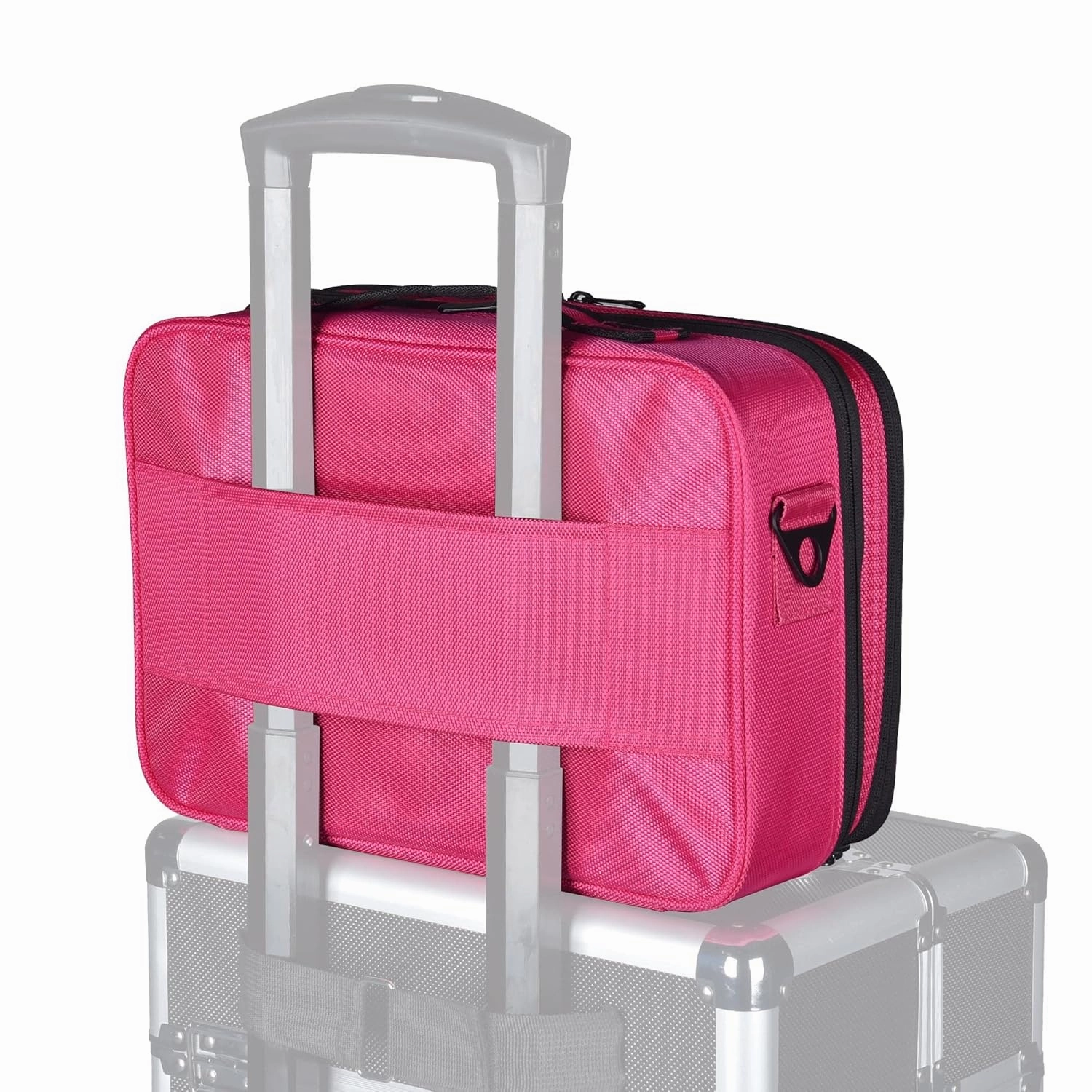 BYOOTIQUE Travel Makeup Bag Makeup Train Cases 13" Professional Lipstick Cosmetic Organizer Bag Storage Backpack with Shoulder Strap Adjustable Dividers for Makeup Brushes Accessories, Hot Pink