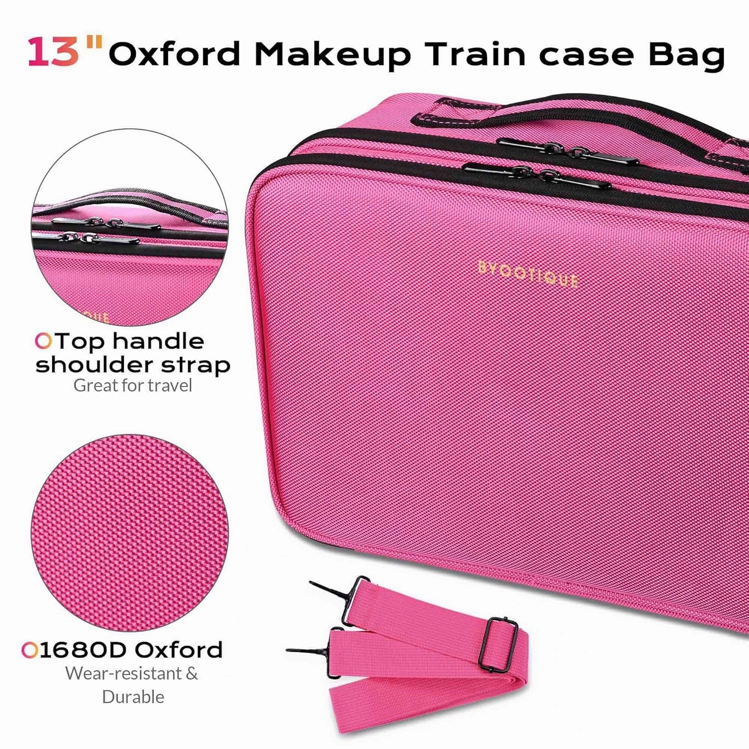BYOOTIQUE Travel Makeup Bag Makeup Train Cases 13" Professional Lipstick Cosmetic Organizer Bag Storage Backpack with Shoulder Strap Adjustable Dividers for Makeup Brushes Accessories, Hot Pink