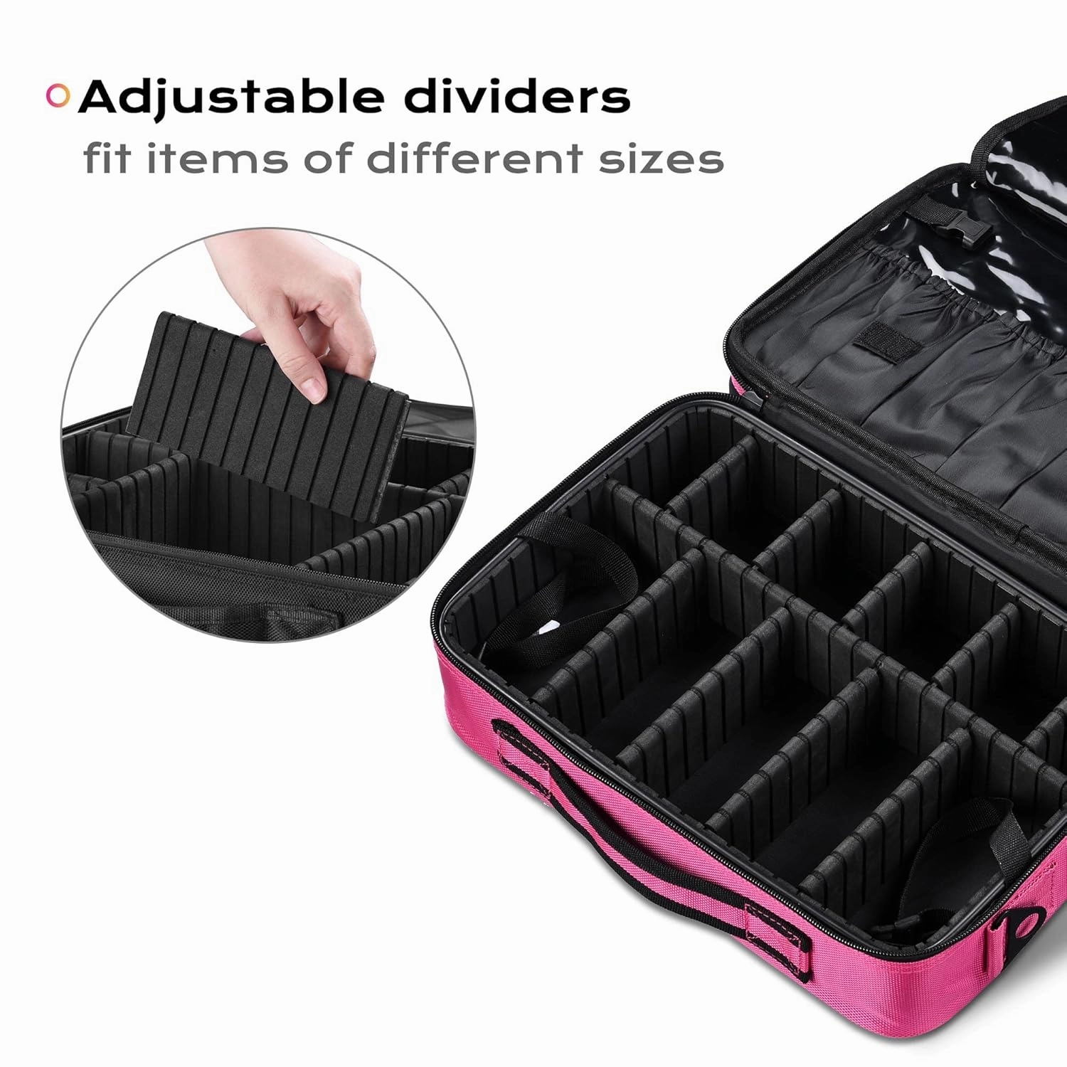 BYOOTIQUE Travel Makeup Bag Makeup Train Cases 13" Professional Lipstick Cosmetic Organizer Bag Storage Backpack with Shoulder Strap Adjustable Dividers for Makeup Brushes Accessories, Hot Pink