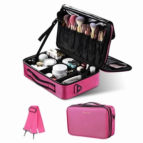 BYOOTIQUE Travel Makeup Bag Makeup Train Cases 13" Professional Lipstick Cosmetic Organizer Bag Storage Backpack with Shoulder Strap Adjustable Dividers for Makeup Brushes Accessories, Hot Pink
