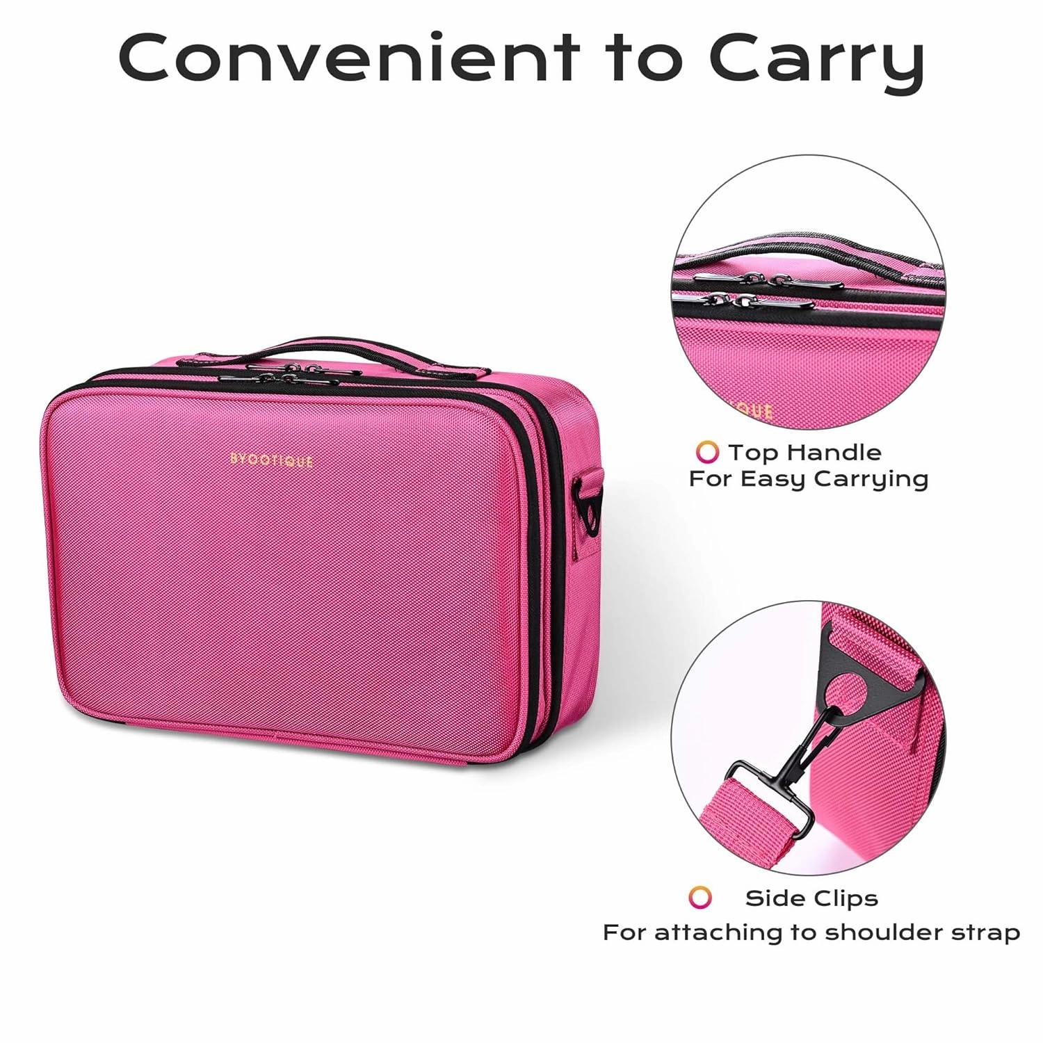 BYOOTIQUE Travel Makeup Bag Makeup Train Cases 13" Professional Lipstick Cosmetic Organizer Bag Storage Backpack with Shoulder Strap Adjustable Dividers for Makeup Brushes Accessories, Hot Pink