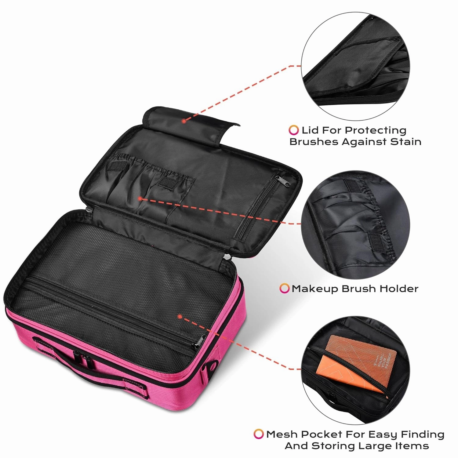 BYOOTIQUE Travel Makeup Bag Makeup Train Cases 13" Professional Lipstick Cosmetic Organizer Bag Storage Backpack with Shoulder Strap Adjustable Dividers for Makeup Brushes Accessories, Hot Pink