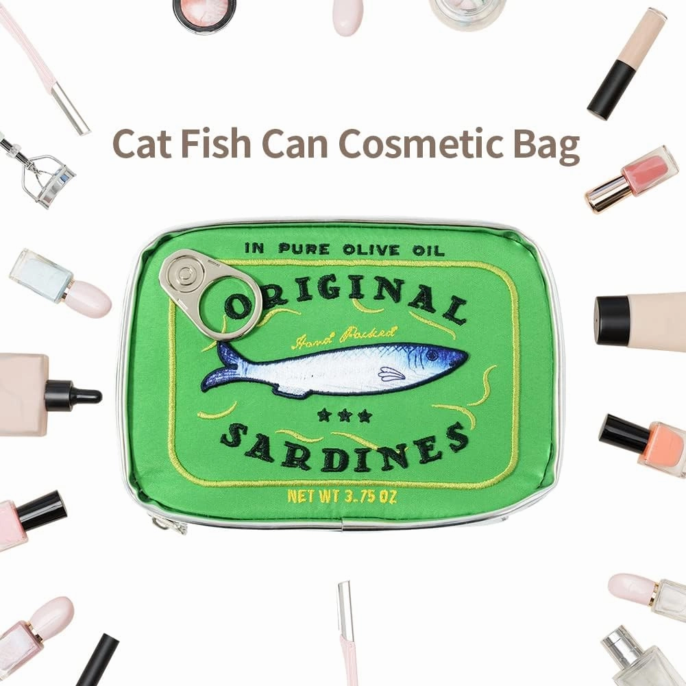 Canned Sardines Makeup Bag, Creative Cute Makeup Bags, Cosmetic Canned Fish Toiletry Bag (Green)