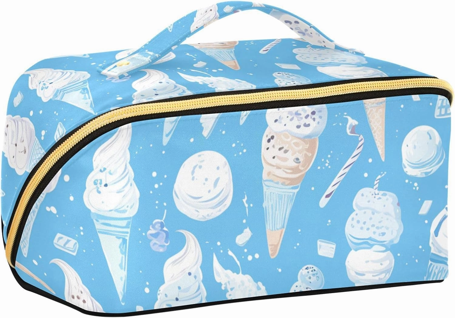 Cartoon Ice Cream Electric Blue Designed Travel Bag with dividers Zipper Cosmetic Bags With Zipper with Compartments & Handle
