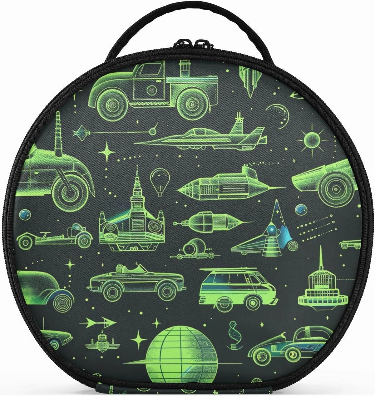 Cartoon Motor Engineering Vehicles Design Neon Green Makeup Bags Travel-Size Accessories Large Makeup Bag With Handle with adjustable dividers 11 IN