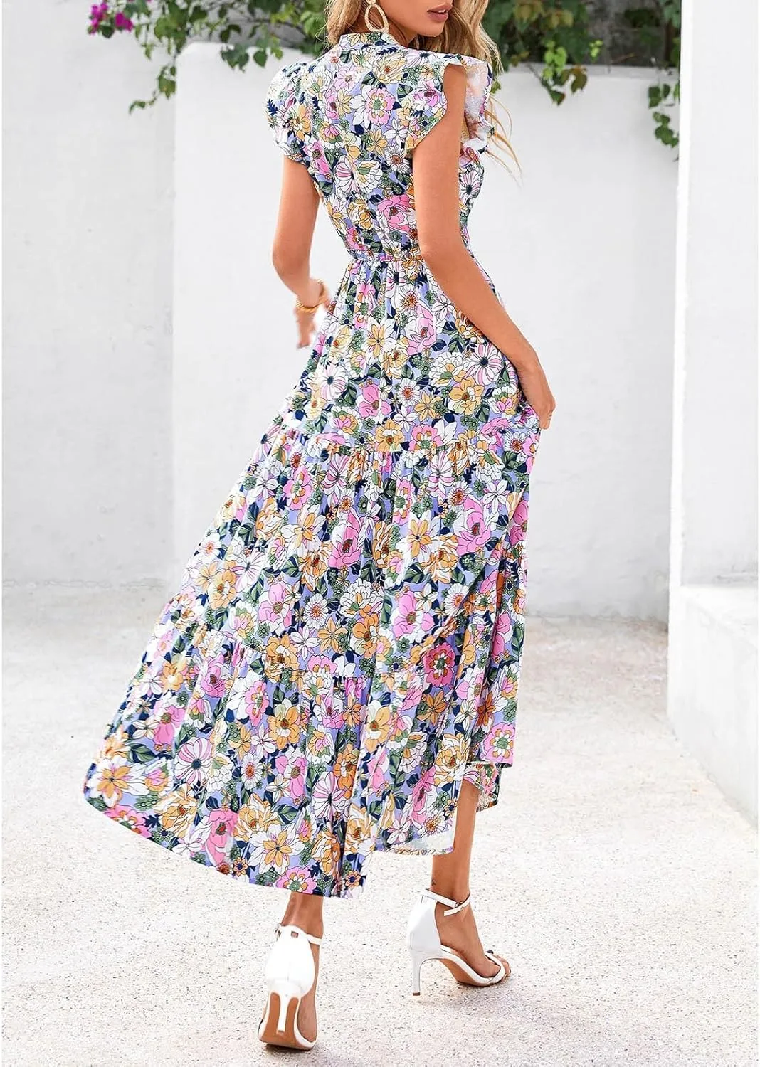Casual Summer Dresses for Women 2025,Women's Trendy Floral Printed Midi Dress Ruffle Pleated Flying Sleeve Beach Dresses