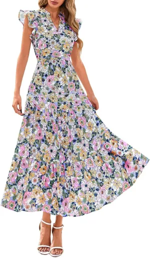 Casual Summer Dresses for Women 2025,Women's Trendy Floral Printed Midi Dress Ruffle Pleated Flying Sleeve Beach Dresses