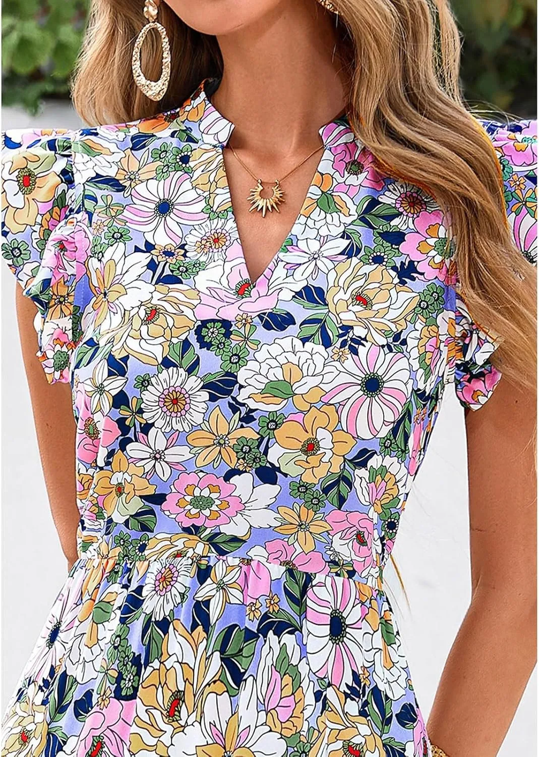 Casual Summer Dresses for Women 2025,Women's Trendy Floral Printed Midi Dress Ruffle Pleated Flying Sleeve Beach Dresses