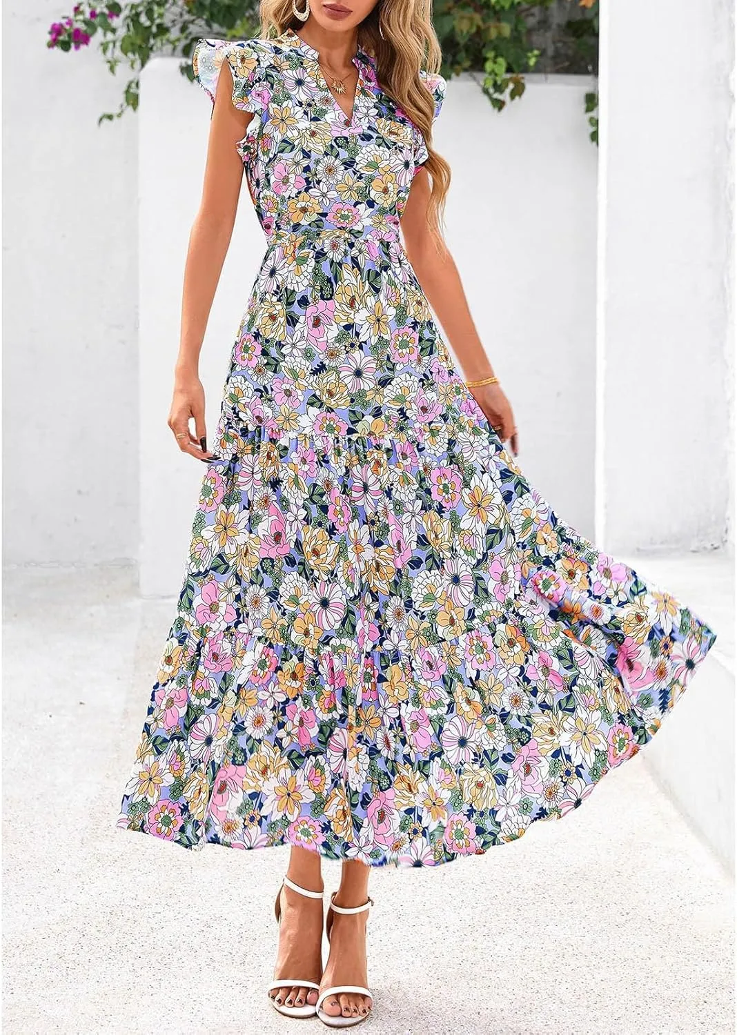 Casual Summer Dresses for Women 2025,Women's Trendy Floral Printed Midi Dress Ruffle Pleated Flying Sleeve Beach Dresses