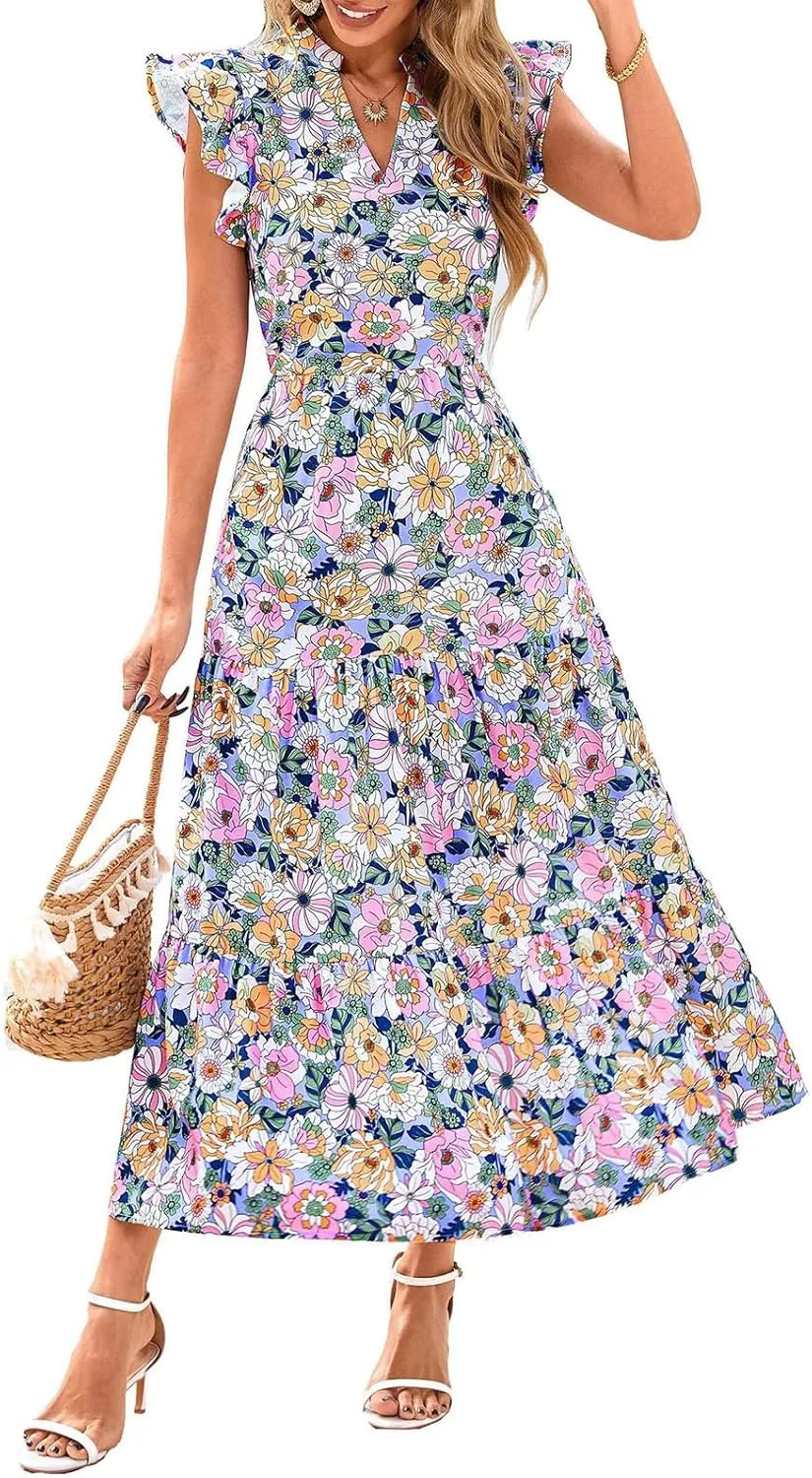 Casual Summer Dresses for Women 2025,Women's Trendy Floral Printed Midi Dress Ruffle Pleated Flying Sleeve Beach Dresses