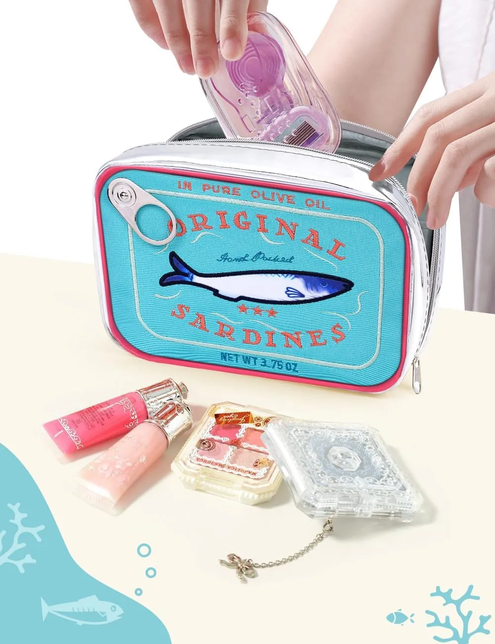 Cessfle Canned Sardines Makeup Bag, Funny Sardine Tin Fish Cosmetic Bag, Creative Cute Makeup Bag Kawaii Pencil Case Pouch, Coquette Make up Pouch for Women…, 6.1*4.3*4.5inch, Blue mix Pink