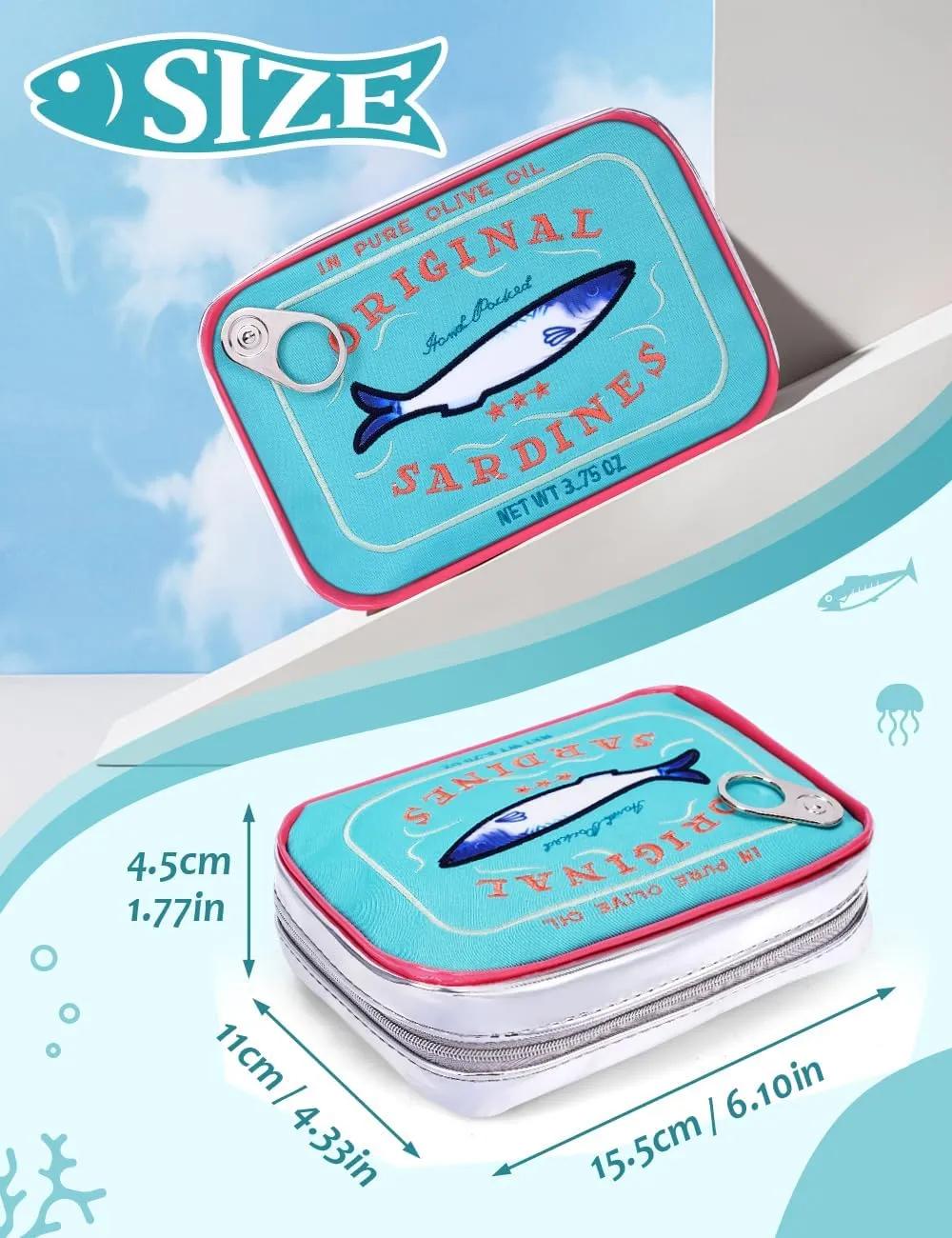Cessfle Canned Sardines Makeup Bag, Funny Sardine Tin Fish Cosmetic Bag, Creative Cute Makeup Bag Kawaii Pencil Case Pouch, Coquette Make up Pouch for Women…, 6.1*4.3*4.5inch, Blue mix Pink