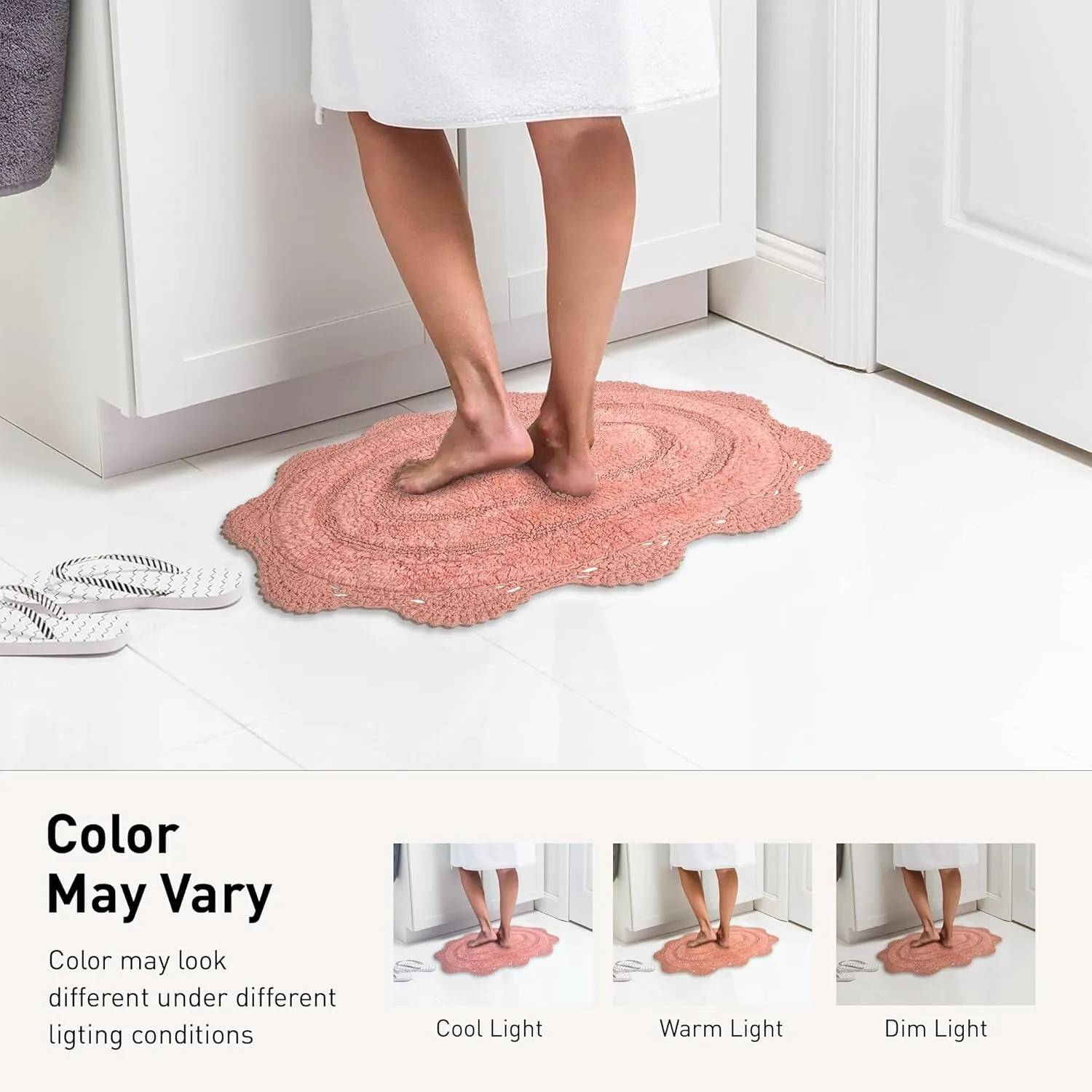 Chardin home Blush Pink Crochet Bathrug,100% Cotton Round bathmat with artisanally Handcrafted Crochet Border, 24 Inch Diameter, Perfect for Half Baths, Powder Rooms, bathrooms