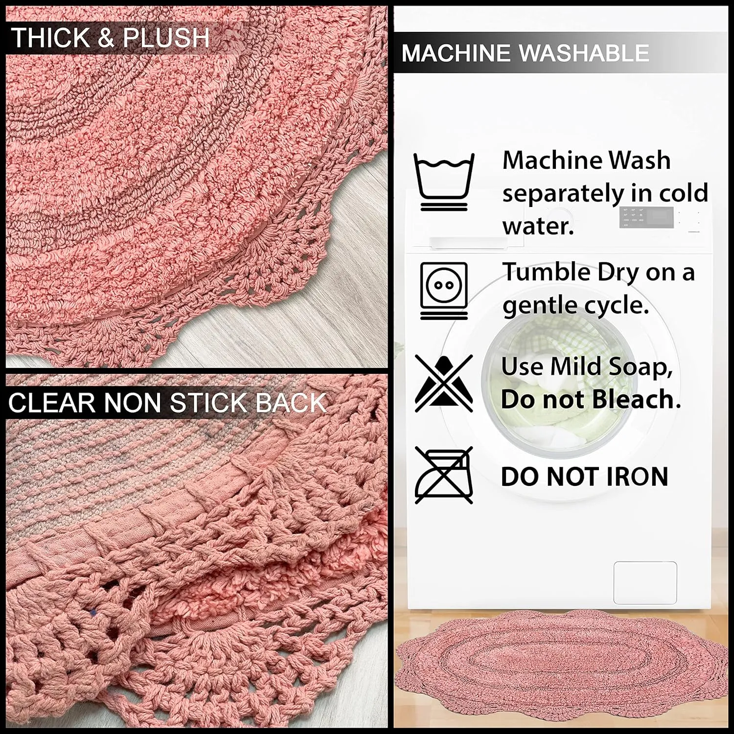 Chardin home Blush Pink Crochet Bathrug,100% Cotton Round bathmat with artisanally Handcrafted Crochet Border, 24 Inch Diameter, Perfect for Half Baths, Powder Rooms, bathrooms