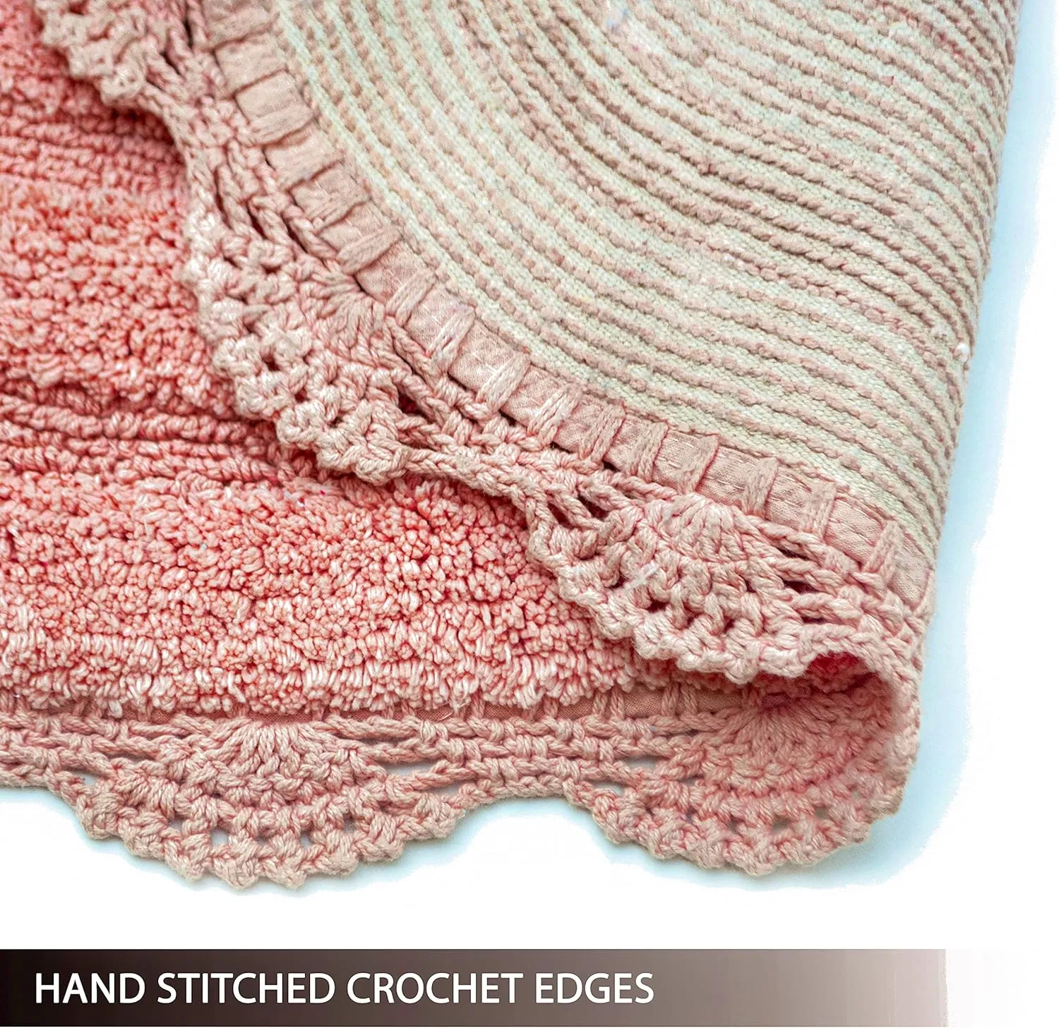 Chardin home Blush Pink Crochet Bathrug,100% Cotton Round bathmat with artisanally Handcrafted Crochet Border, 24 Inch Diameter, Perfect for Half Baths, Powder Rooms, bathrooms