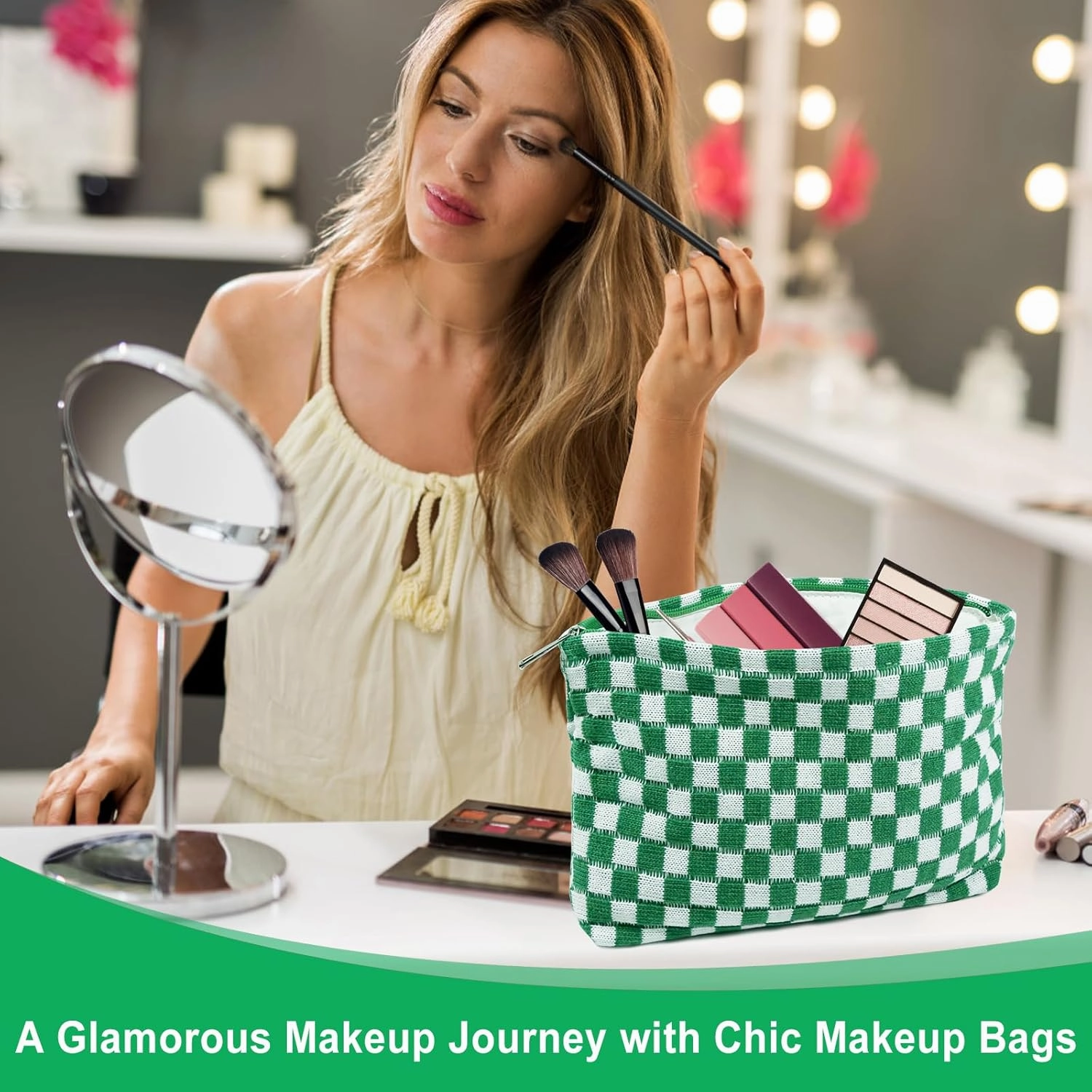 Checkered Makeup Bags 4 Piec Pink Green Large Capacity Travel Toiletry Bags Organizer Cute Cosmetic Bag for Women Aesthetic Accessories Storage Makeup Brushes Ideal for Travel