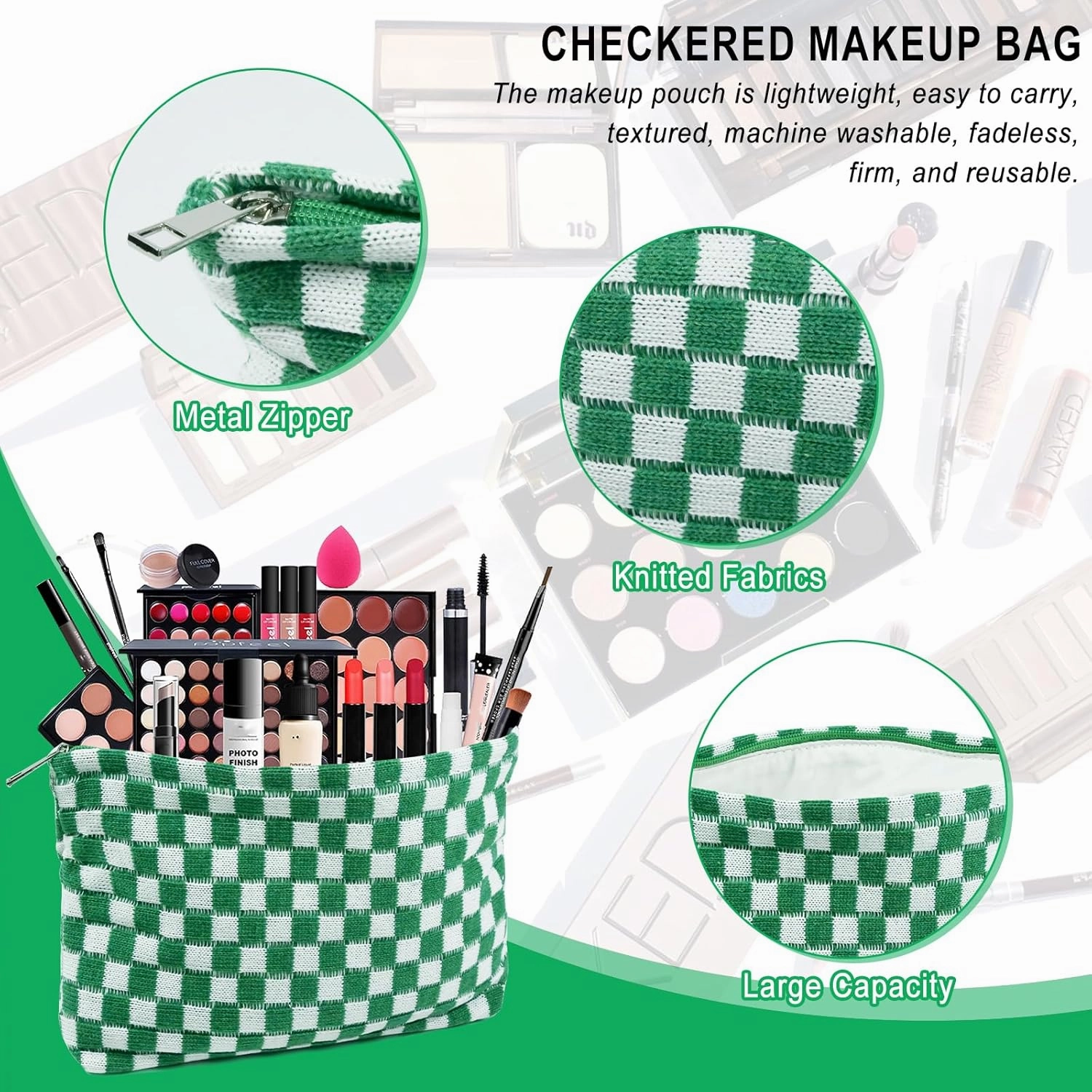 Checkered Makeup Bags 4 Piec Pink Green Large Capacity Travel Toiletry Bags Organizer Cute Cosmetic Bag for Women Aesthetic Accessories Storage Makeup Brushes Ideal for Travel