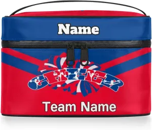 Cheer Custom Name Makeup Bag Personalized Large Cosmetic Case Portable Travel Make Up Organizer for Women Girls With Handle, Blue Red