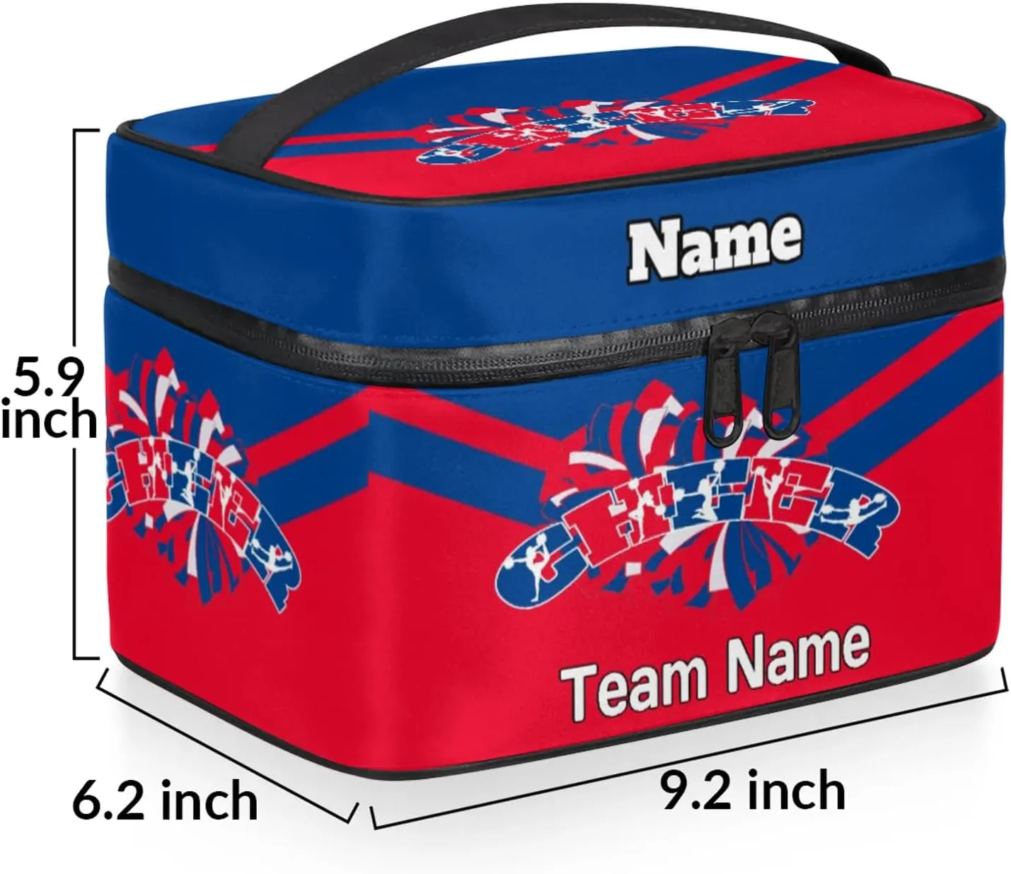 Cheer Custom Name Makeup Bag Personalized Large Cosmetic Case Portable Travel Make Up Organizer for Women Girls With Handle, Blue Red