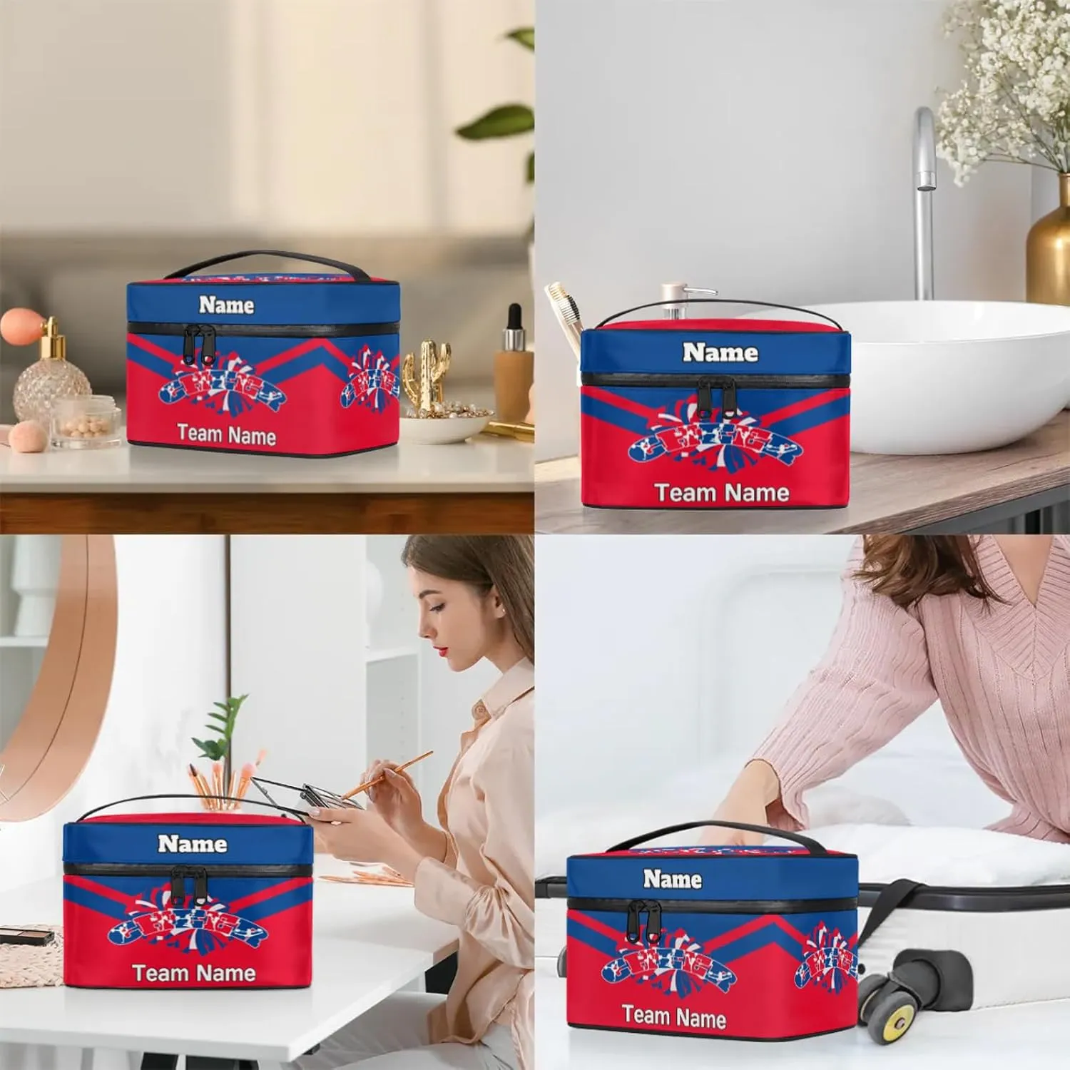 Cheer Custom Name Makeup Bag Personalized Large Cosmetic Case Portable Travel Make Up Organizer for Women Girls With Handle, Blue Red