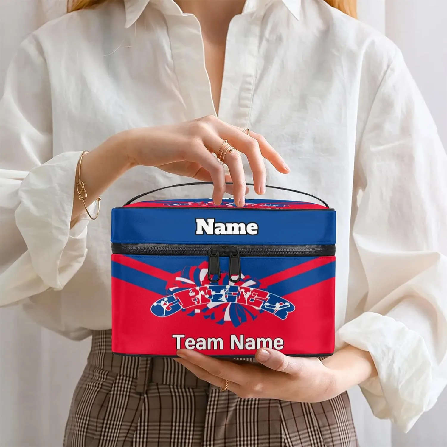 Cheer Custom Name Makeup Bag Personalized Large Cosmetic Case Portable Travel Make Up Organizer for Women Girls With Handle, Blue Red