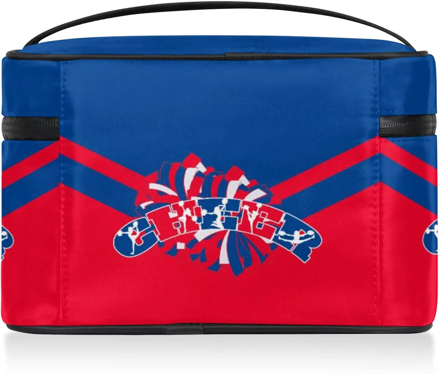 Cheer Custom Name Makeup Bag Personalized Large Cosmetic Case Portable Travel Make Up Organizer for Women Girls With Handle, Blue Red