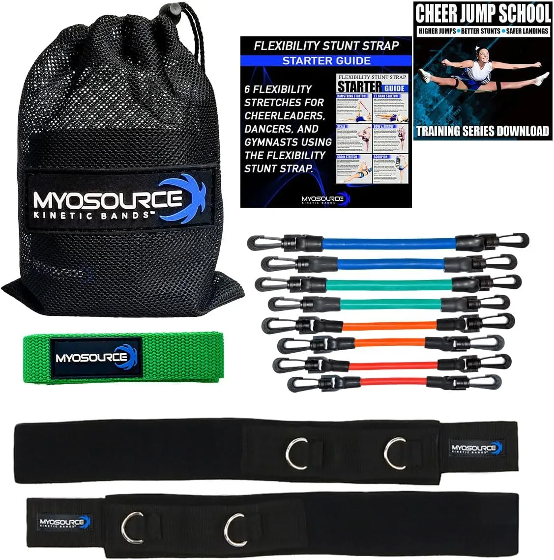 Cheer Kinetic Bands Cheerleader Flexibility and Strength Training | Improve Jumps, Stunts, Landings | 4-Level Leg Resistance Bands & 12 Stunt Strap Color Options, Digital Training Downloads
