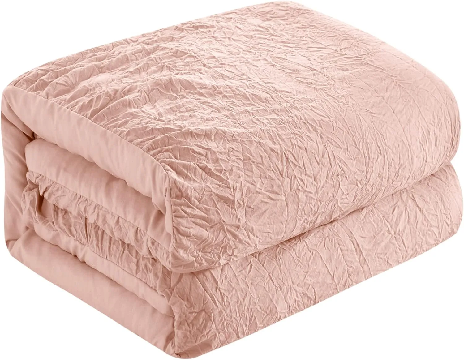 Chic Home Ashford 3 Piece Quilt Set Crinkle Crush Ruffled Drop Design Bedding - Pillow Shams Included, Queen, Blush