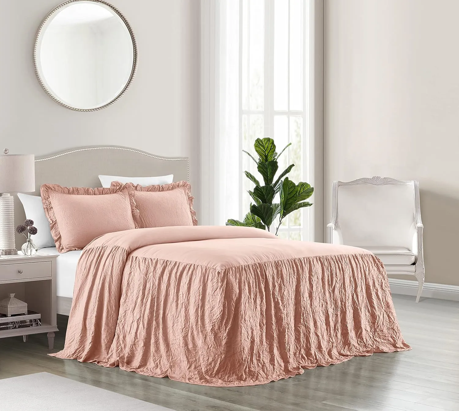 Chic Home Ashford 3 Piece Quilt Set Crinkle Crush Ruffled Drop Design Bedding - Pillow Shams Included, Queen, Blush