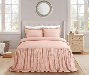 Chic Home Ashford 3 Piece Quilt Set Crinkle Crush Ruffled Drop Design Bedding - Pillow Shams Included, Queen, Blush