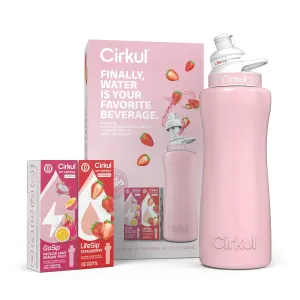 Cirkul 32oz. Blush Pink Stainless Steel Water Bottle Starter Kit with Pink Lid and 2 Flavor Cartridges (1 LifeSip Strawberry, 1 GoSip Passion Fruit Dragon Fruit) Zero Calories and No Sugar