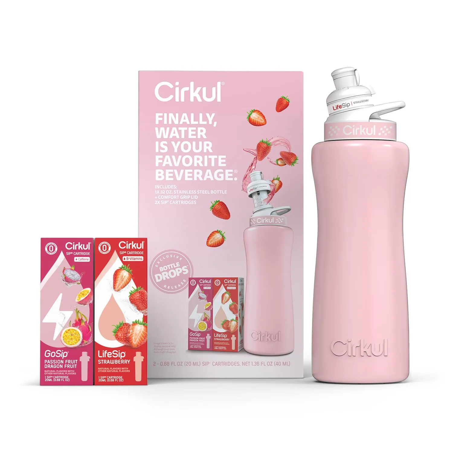 Cirkul 32oz. Blush Pink Stainless Steel Water Bottle Starter Kit with Pink Lid and 2 Flavor Cartridges (1 LifeSip Strawberry, 1 GoSip Passion Fruit Dragon Fruit) Zero Calories and No Sugar