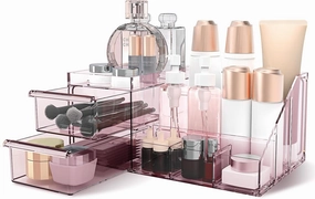 Clear Makeup Organizer for Vanity, Cosmetics Organizer for Makeup Organization and Skincare Organizers, Vanity Makeup Organizer Countertop for Bathroom And Bedroom (Clear-Pink)