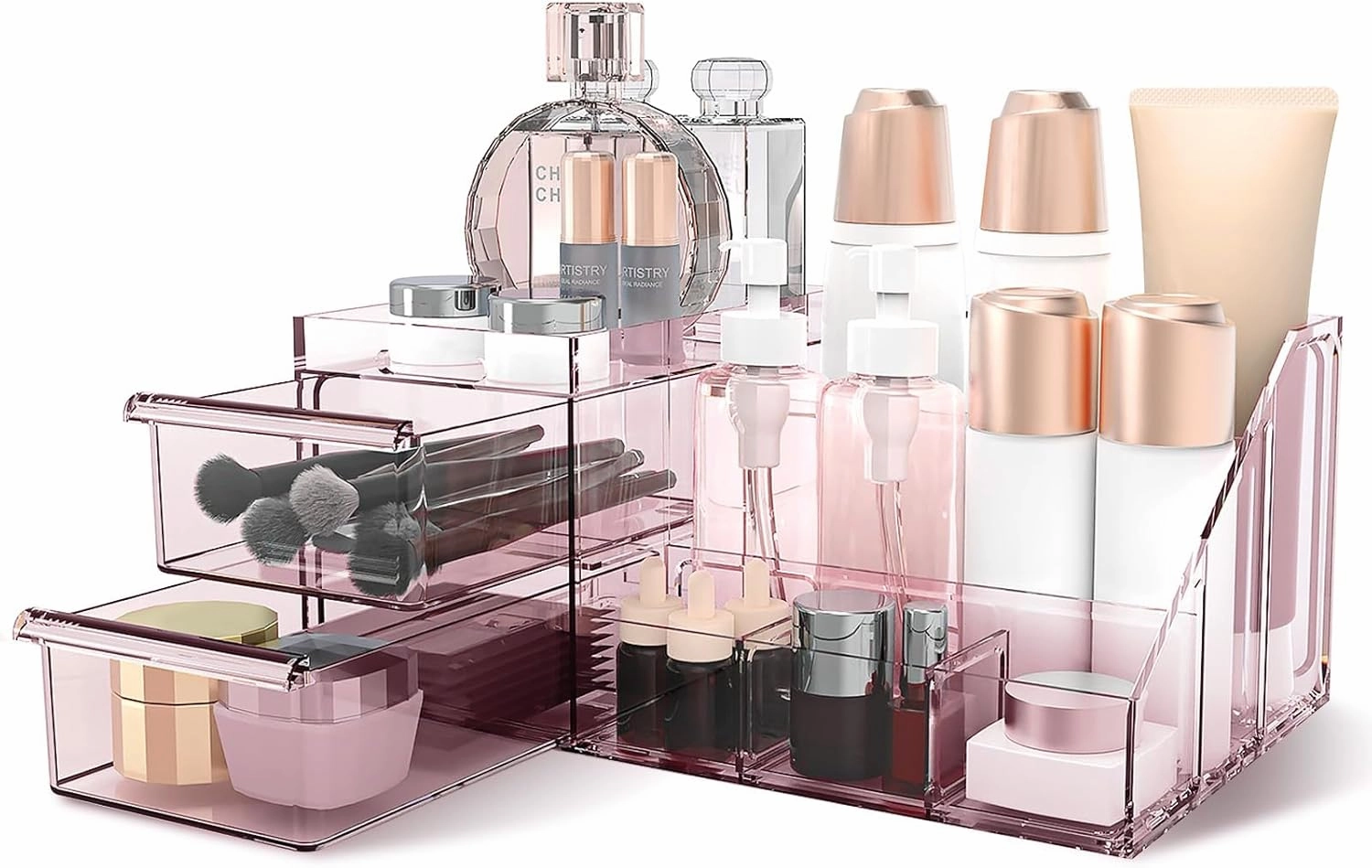 Clear Makeup Organizer for Vanity, Cosmetics Organizer for Makeup Organization and Skincare Organizers, Vanity Makeup Organizer Countertop for Bathroom And Bedroom (Clear-Pink)
