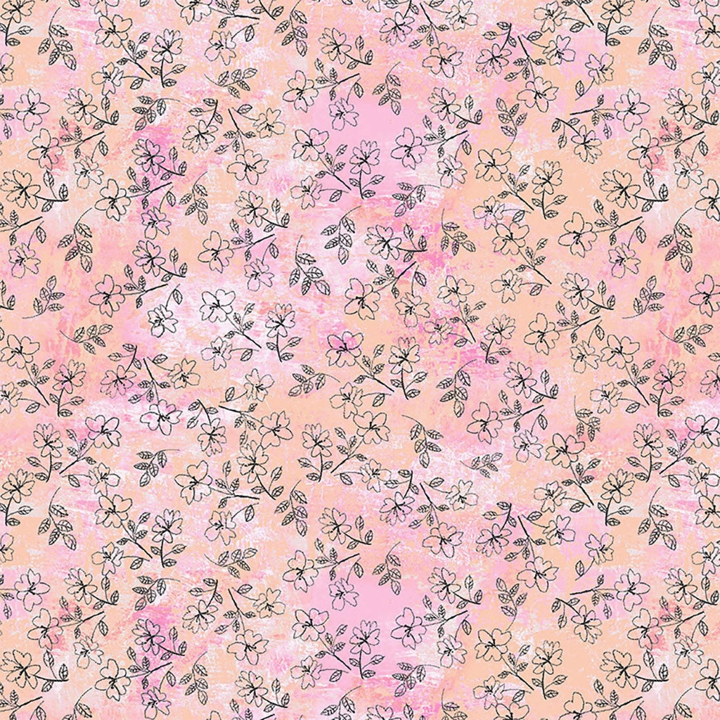 Clothworks Blush Outline Floral Coral Digital Print Fabric