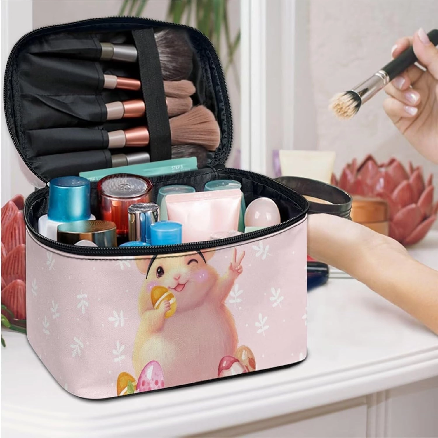 COEQINE 3 Pieces Makeup Bag Set Pink，Cute Cavy Pink Easter Eggs Big Travel Bags For Women Leather Toiletry bag for women travel essentials