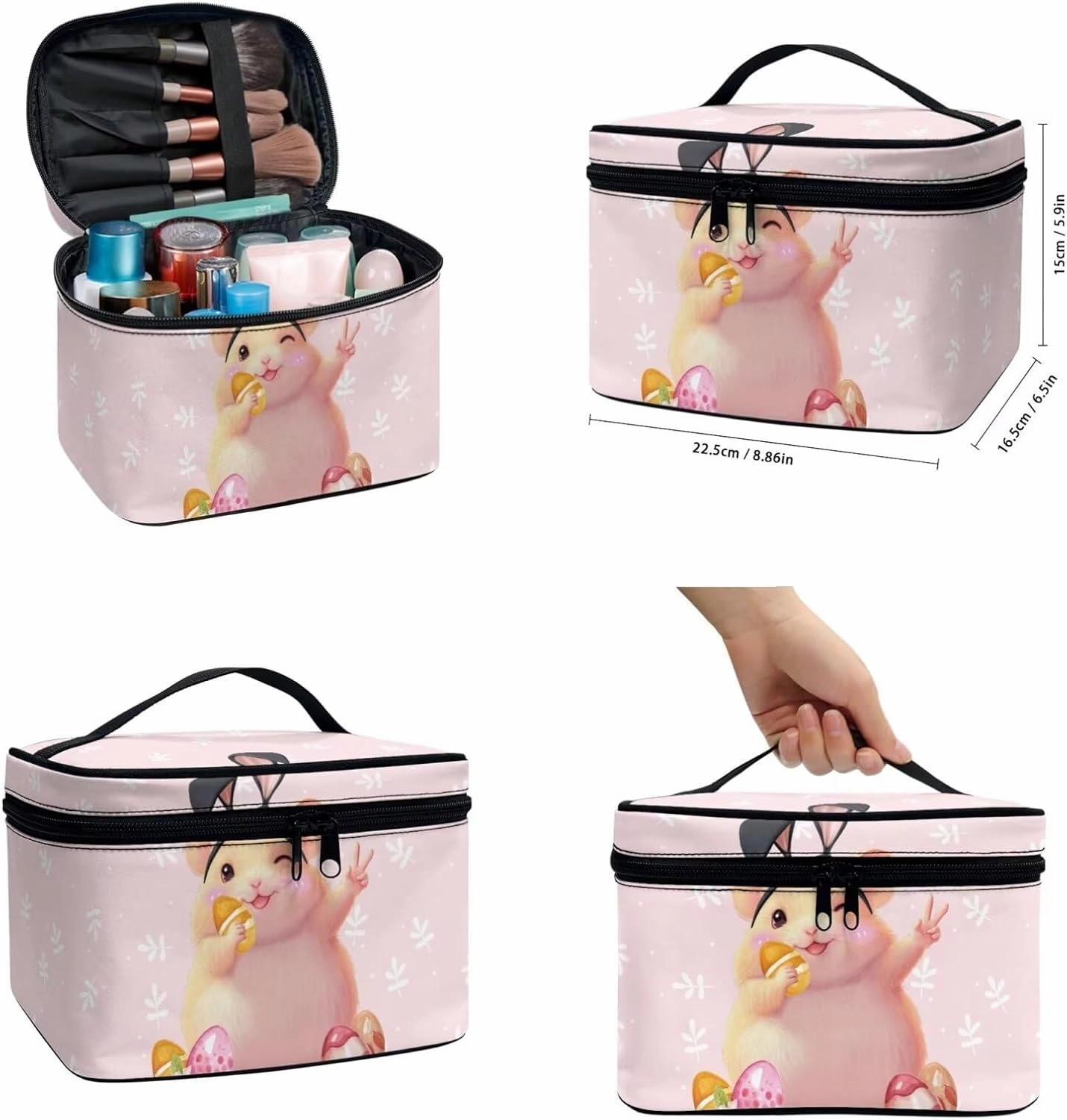 COEQINE 3 Pieces Makeup Bag Set Pink，Cute Cavy Pink Easter Eggs Big Travel Bags For Women Leather Toiletry bag for women travel essentials