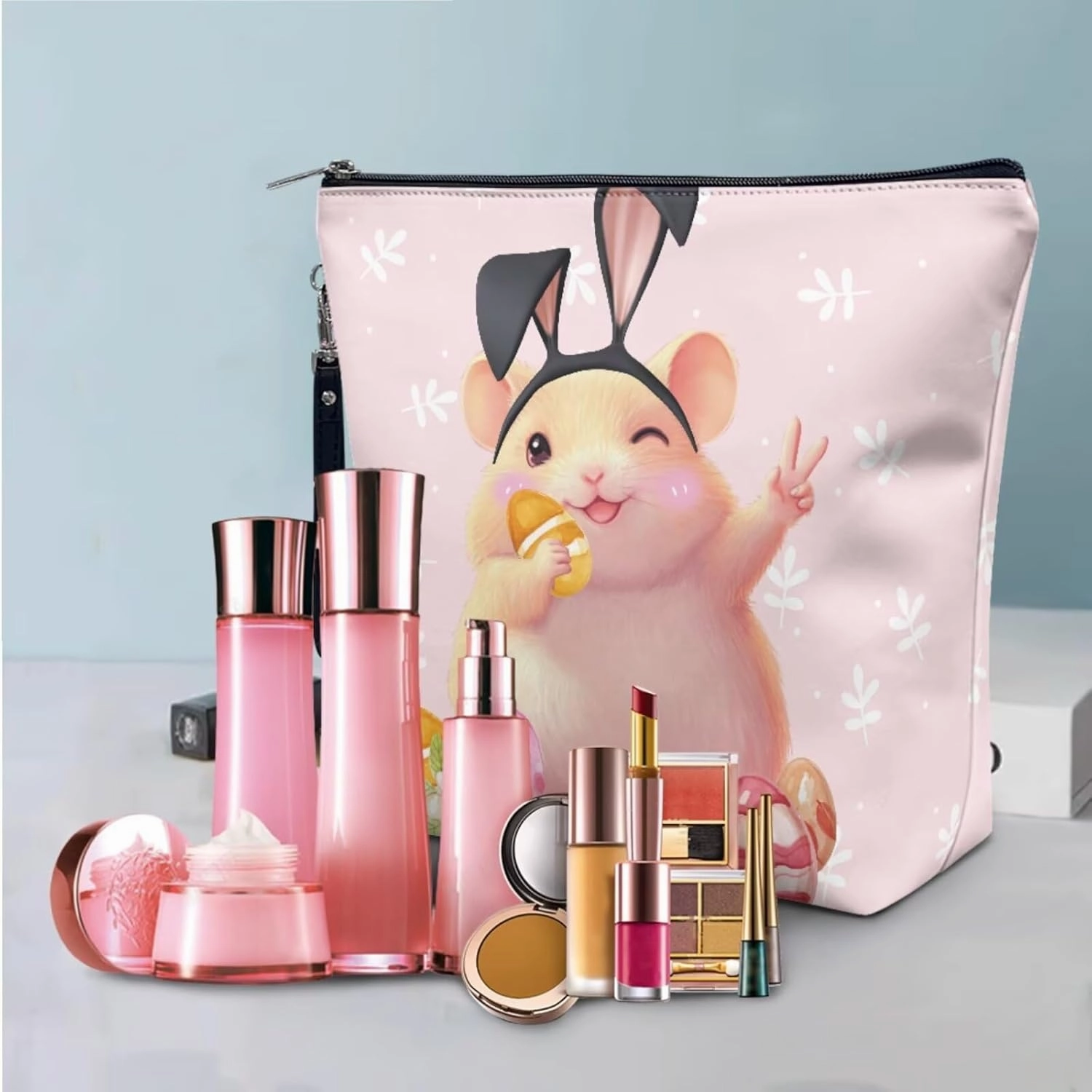 COEQINE 3 Pieces Makeup Bag Set Pink，Cute Cavy Pink Easter Eggs Big Travel Bags For Women Leather Toiletry bag for women travel essentials