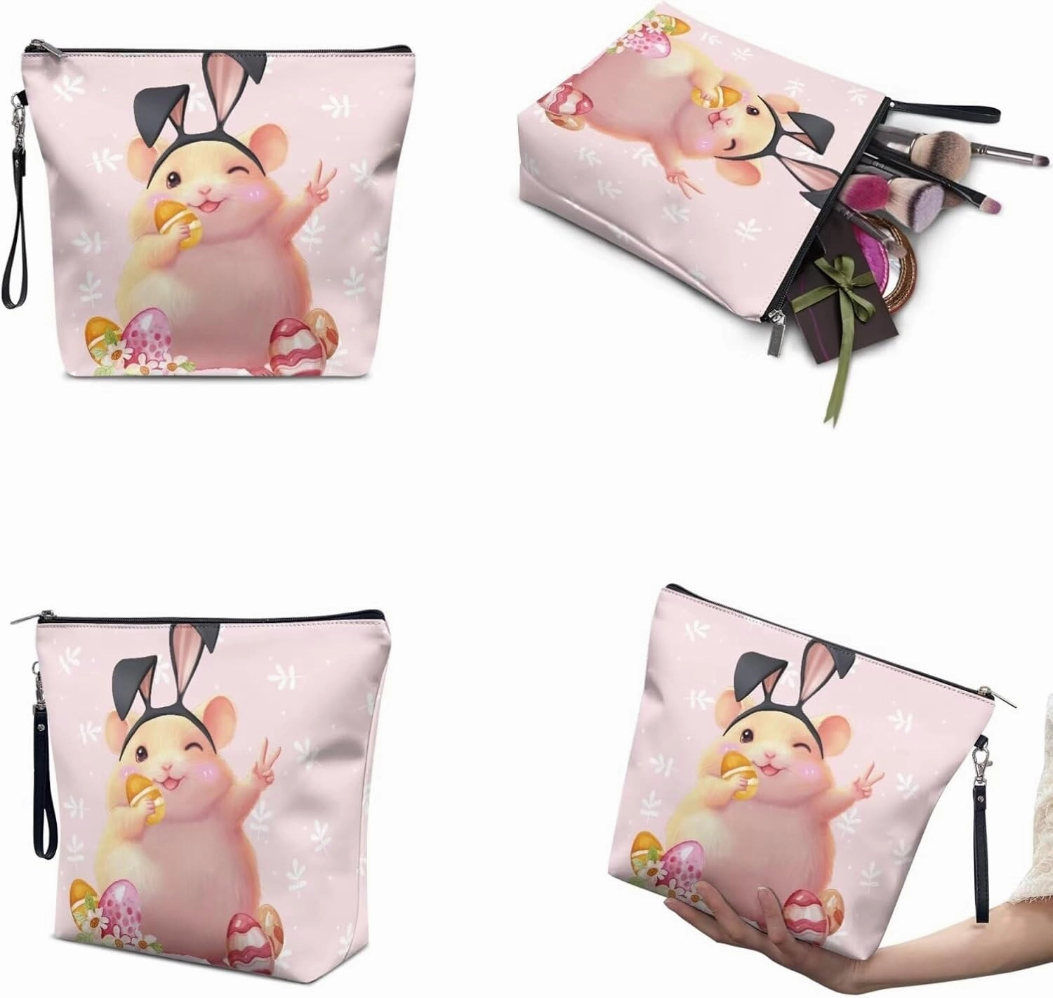 COEQINE 3 Pieces Makeup Bag Set Pink，Cute Cavy Pink Easter Eggs Big Travel Bags For Women Leather Toiletry bag for women travel essentials