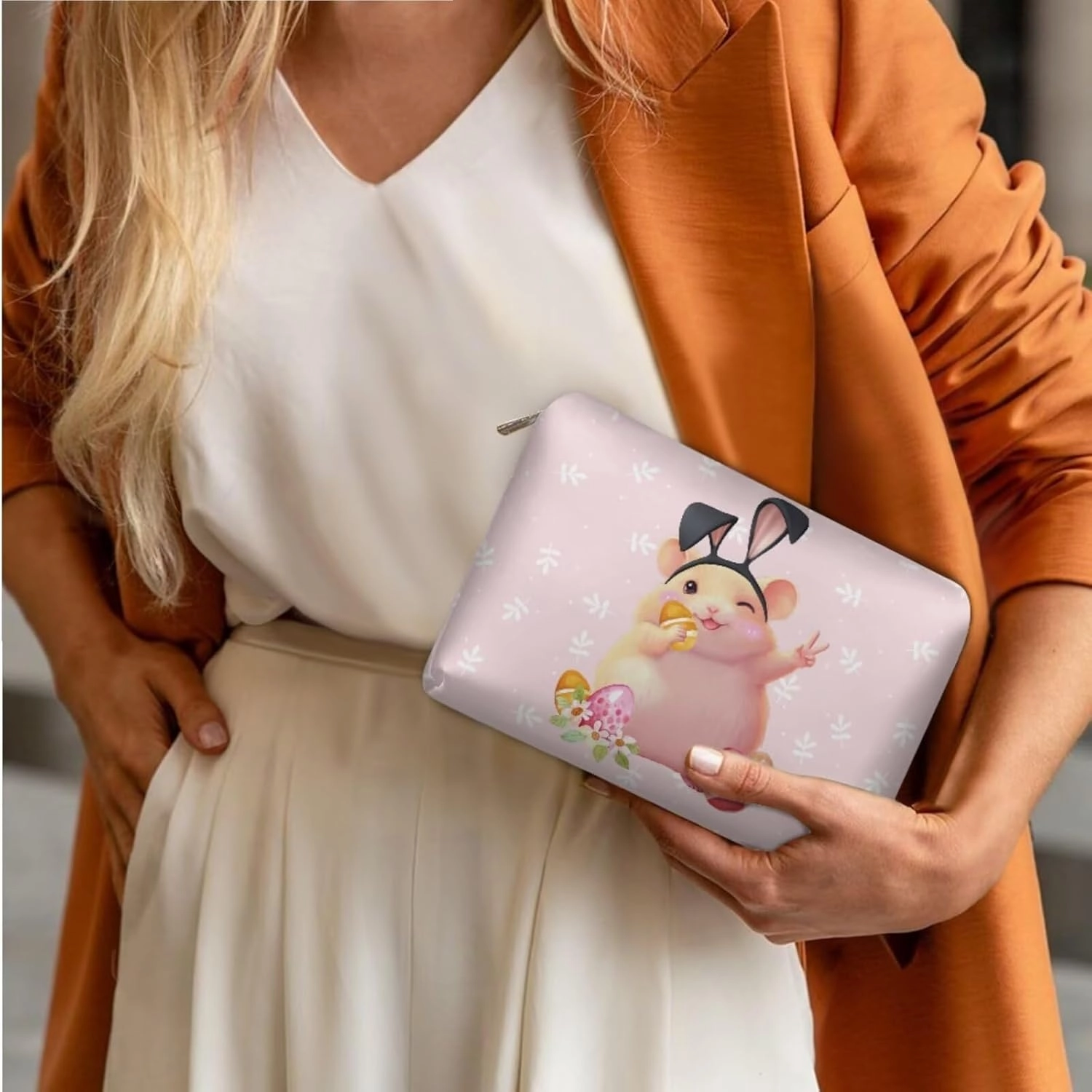 COEQINE 3 Pieces Makeup Bag Set Pink，Cute Cavy Pink Easter Eggs Big Travel Bags For Women Leather Toiletry bag for women travel essentials