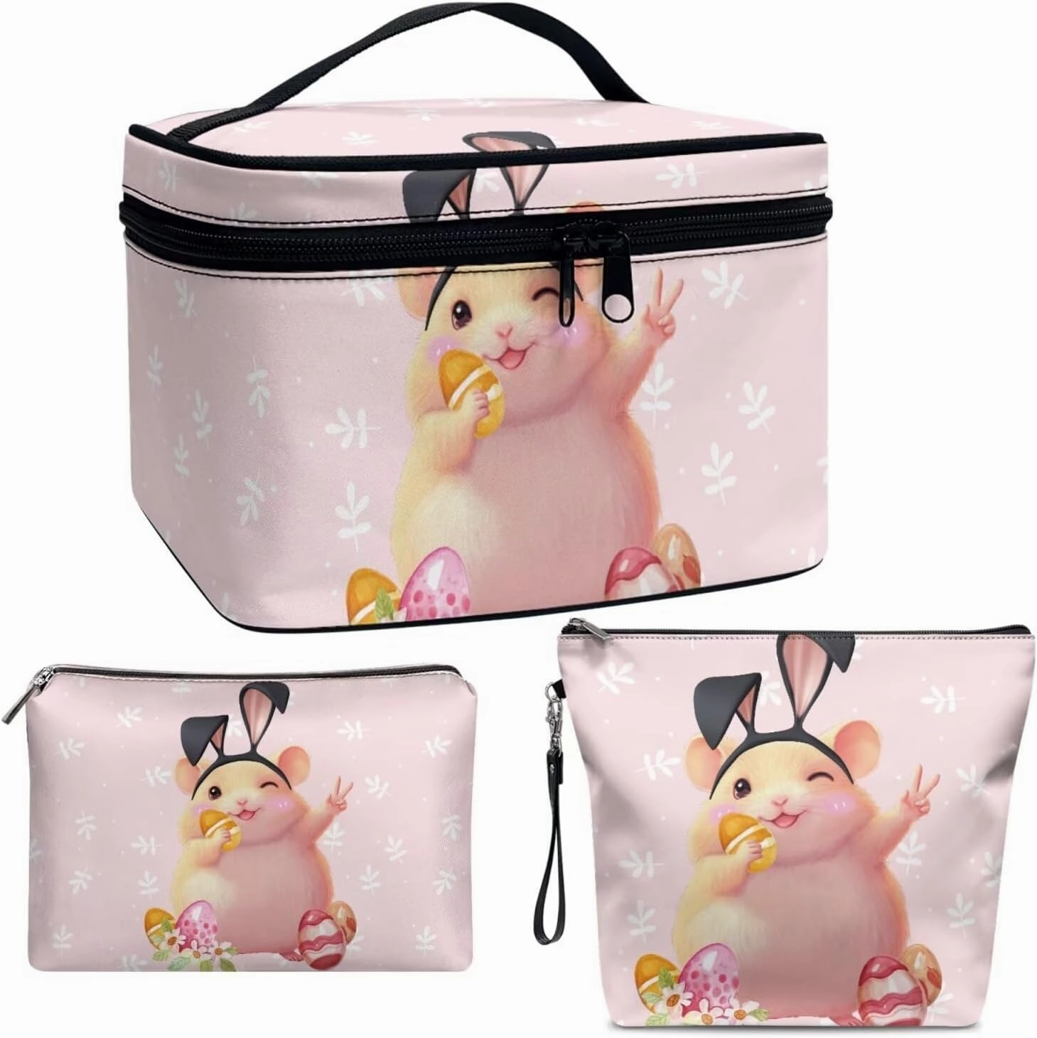 COEQINE 3 Pieces Makeup Bag Set Pink，Cute Cavy Pink Easter Eggs Big Travel Bags For Women Leather Toiletry bag for women travel essentials