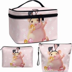 COEQINE 3 Pieces Makeup Bag Set Pink，Cute Cavy Pink Easter Eggs Big Travel Bags For Women Leather Toiletry bag for women travel essentials
