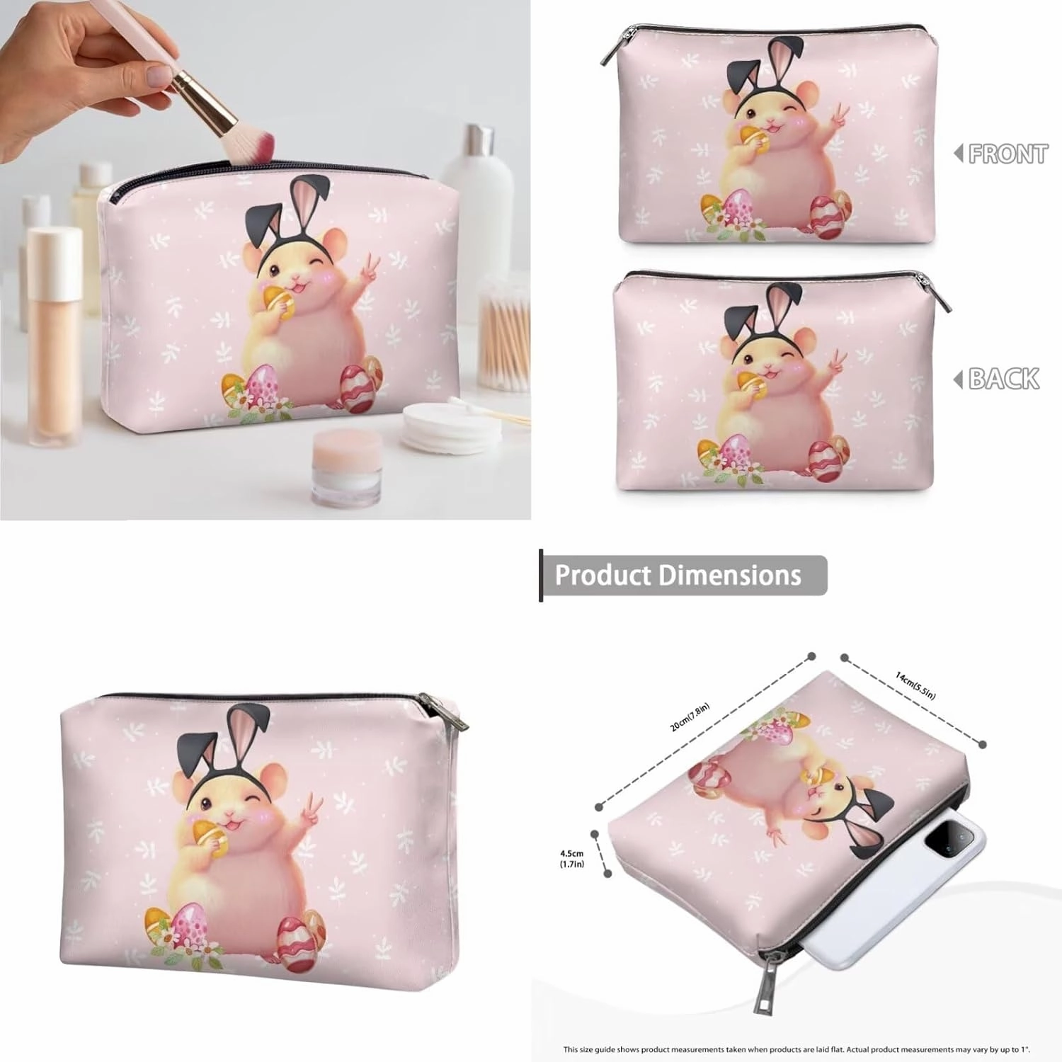 COEQINE 3 Pieces Makeup Bag Set Pink，Cute Cavy Pink Easter Eggs Big Travel Bags For Women Leather Toiletry bag for women travel essentials