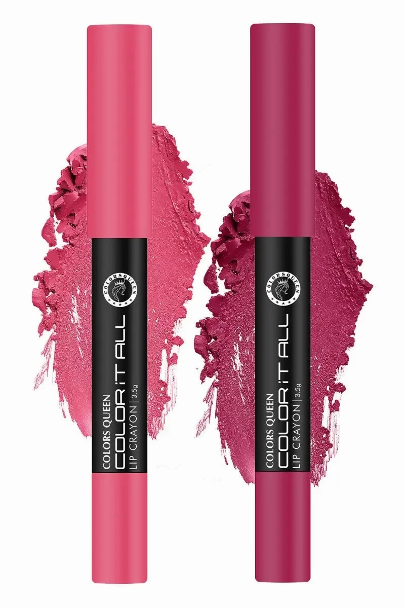 Colors Queen It All Long Lasting Matte Lipstick Lip Crayon 2 Pcs (Pink Rose, Plum Pick)