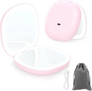 Compact Travel Makeup Mirror，1X/10X Magnifying Double Sided 3 Colours & Brightness Dimmable USB Rechargeable Touch Screen Portable LED Cosmetic Mirror for Travel/Purse/Office,Pink