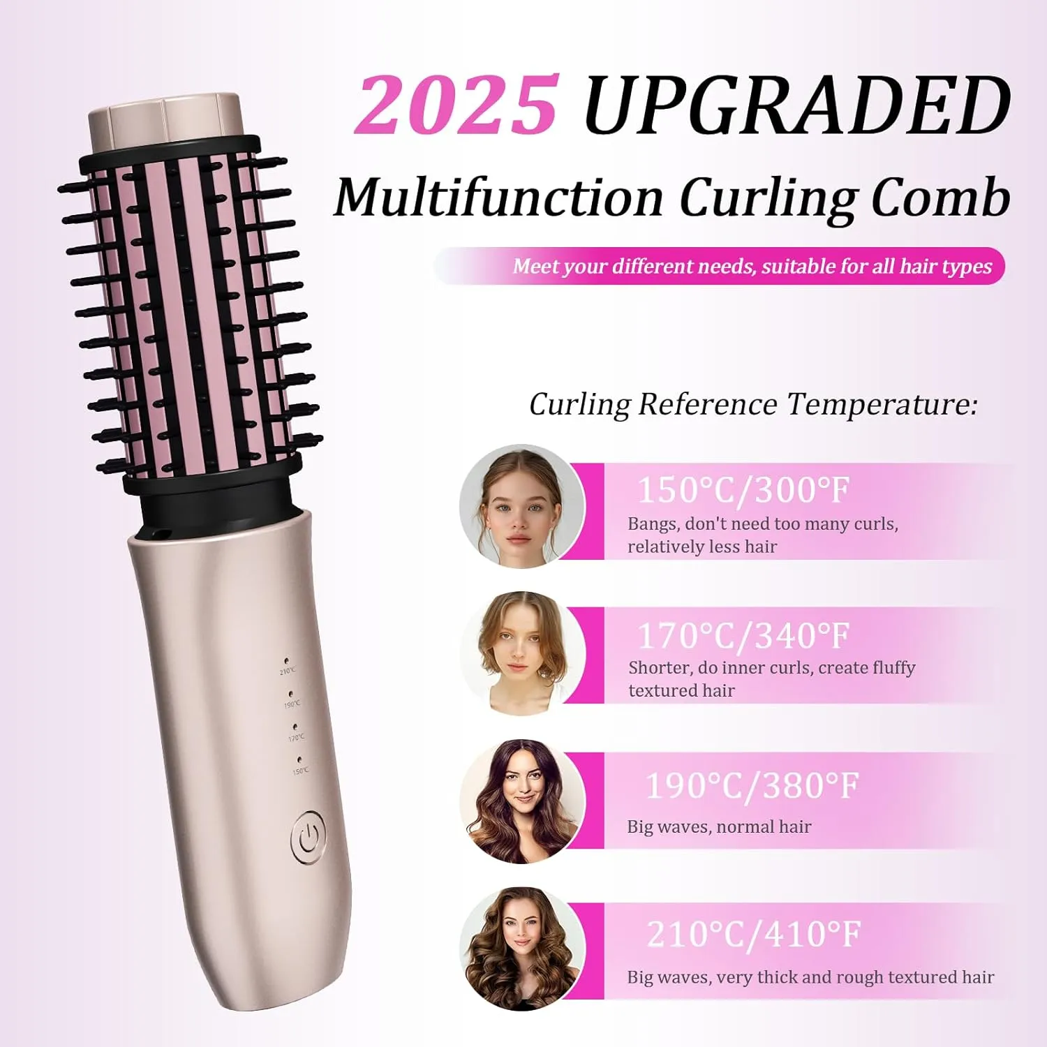 Cordless Hair Curling Iron Brush, Travel Curl Brush, 3-in-1 Portable Curling Iron Cordless, Plasma Thermal Hair Brush, 7000mAh USB Rechargeable Curling Wand, Mini Hot Curling Brush-Blush Pink